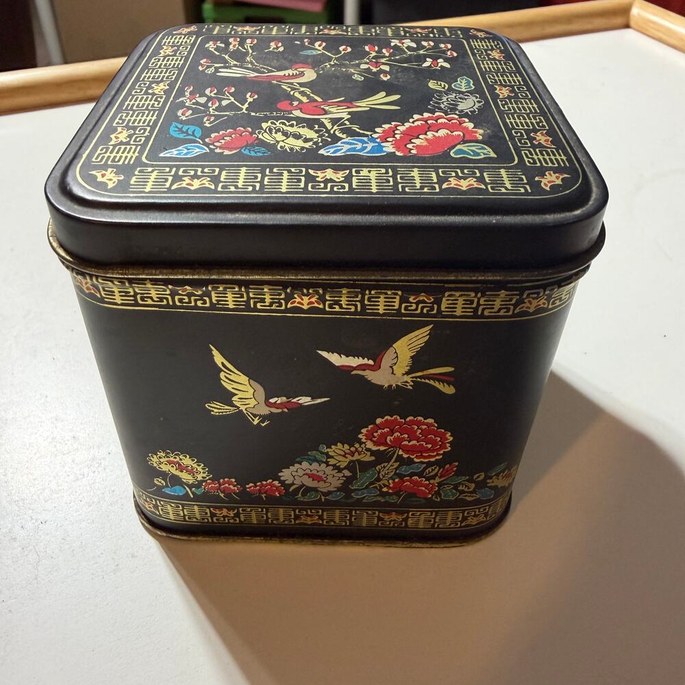 Asian Inspired Black Floral Bird Metal Storage Tin Box Decorative Container